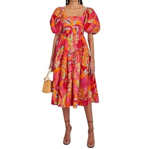 Farm Rio x Anthropologie Fruit Brush Puff Sleeve Midi Dress NWOT XS - Picture 2 of 10